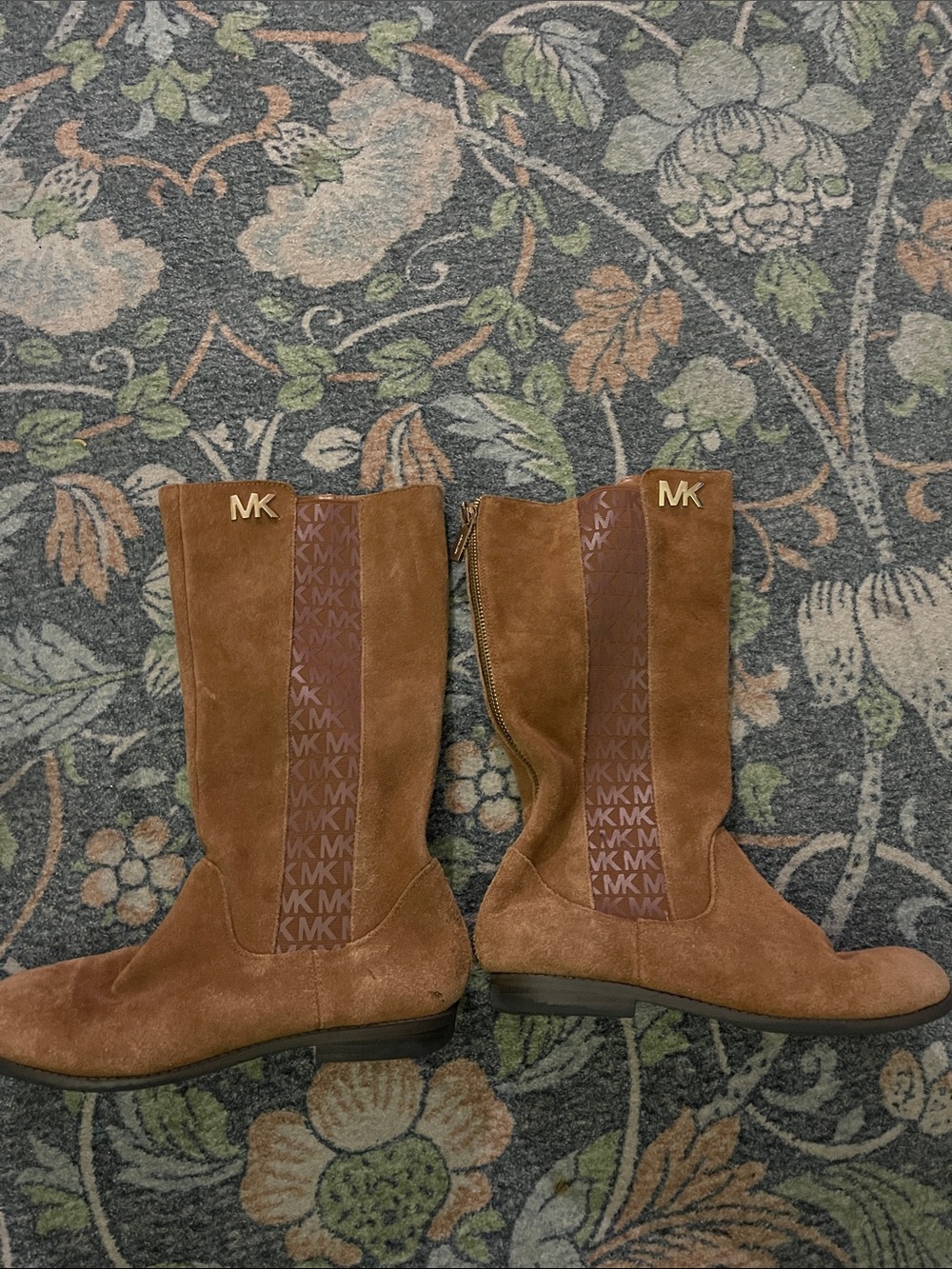 Michael Kors Tan Suede MK Logo Mid-Calf Heeled Boots